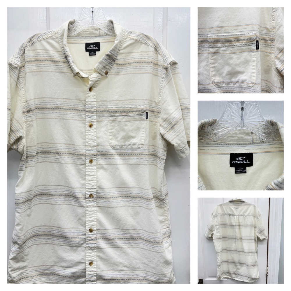 O'Neill Striped Short Sleeve Button Down Shirt Mens XL Cream Boho Beachy